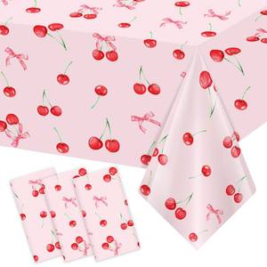 lot 8321 image: Homanu 3 Pack Cherry Birthday Decorations Tablecloths, Large Size 54 X 108 Inch Rectangle Cherry Table Cloth Plastic Table Cover for Birthday Party Decorations