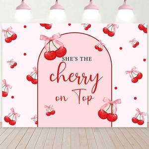 lot 8322 image: Ayayiya Shes The Cherry on Top Baby Shower Backdrop Pink Coquette Bow Cherry on Top Party Decorations for Women Girl Baby Shower Bridal Shower Banner Sweet Cherries Party Supplies Photo Props 7x5ft