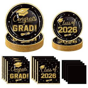 lot 8329 image: 2026 Graduation Party Supplies Tableware Set - 200 Pcs Black Gold Graduation Plates and Napkins Class of 2026 Disposable Dinnerware for College High School Congrats Graduation Party favors, Serve 50