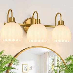 lot 9517 image: Meybiok Bathroom Light Fixtures, 3-Light Gold Vanity Light Fixtures with White Tulip Glass Shades, Bathroom Lighting Fixtures Over Mirror for Bedroom, Living Room & Hallway (Bulbs Not Included)