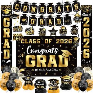 lot 10429 image: Graduation Decorations 2026 Set Black Gold, Congrats Grad Decor Set with Banner Backdrop Porch Sign,Hanging Swirls Honeycomb Centerpieces Balloons for Grad Party Decorations(Gold)