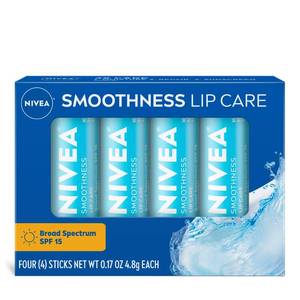 lot 10442 image: NIVEA Smoothness Lip Care, Sunscreen Lip Balm with SPF 15 Broad Spectrum, Shea Butter, Nourishing Oils and Vitamin C & E, 3-in-1 Moisture, Repair and Sunscreen, 0.17 Oz Stick, Pack of 4