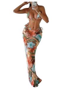 lot 10444 image: WDIRARA Womens 3 Piece Floral Halter Bikini Set Ring Linked Leopard Print Swimsuit with Coverup Skirt Multicolor Small