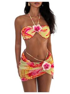 lot 10452 image: MakeMeChic Womens 3 Piece Swimsuits Floral Halter High Cut Bandeau Bikini Sets with Cover Up Skirt Bathing Suit Yellow Small
