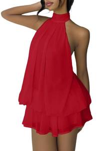 lot 10462 image: SHINFY Women Chiffon Halter Cocktail Dresses for Wedding Guest Ruffle Mini Beach Vacation Birthday Dresses Red