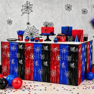 lot 10471 image: Red Black Blue Metallic Foil Tinsel Fringe Table Skirt Birthday Party Decorations, 2 Pack 29.5 x 108 Inch Spider Themed Table Streamers Curtains Skirts for Rectangle Round Table Party Decor Supplies