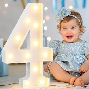 lot 10473 image: Pooqla Large Light Up Numbers for 4th Birthday Decorations, 12.6 in Tall White Plastic Marquee Numbers Sign Party Decorations, Gift for Girls Boys Night Light Wedding Anniversary Decor, Big Number 4