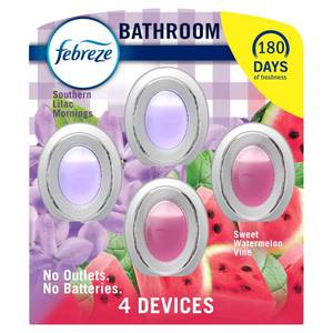 lot 10475 image: Febreze Bathroom Air Freshener, Odor-Fighting, Plug In Alternative, Air Fresheners for Small Spaces in Home, Bathroom, Kitchen, & Closet, Lilac & Watermelon Scents, 4ct (2 of Each Scent)