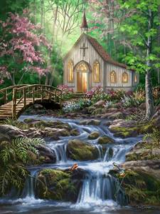 lot 10478 image: Springbok Peaceful Prayer 500 Piece Jigsaw Puzzle for Adults - Relaxing Church in The Woods - Unique Cut Pieces - Made in USA