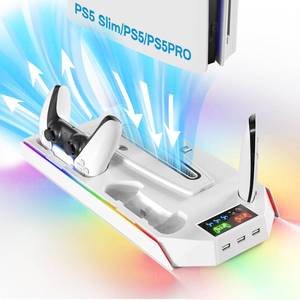 lot 11427 image: PS5 Cooling Station Stand RGB with Dual Controller Charging Station for PlayStation 5 Console, PS5 Accessories Incl. Controller Charger, Cooling Fan, Headset Holder, 3 USB Hub