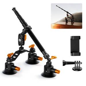 lot 11432 image: K&F CONCEPT Triple Suction Cup Car Mount for Camera, Heavy Duty 3-in-1 Kit with 15° Curved Surface Adjustment, Extension Pole & Phone Holder, Compatible with Insta360 X5X4 GoPro DJI Action 5432 (Slight Use)