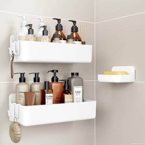 lot 11443 image: Orimade Shower Caddy 3-Pack, No-Drill Adhesive Shelves for Bathroom, Rustproof ABS Storage Organizer Set, White
