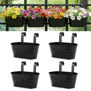 lot 11446 image: RIOGOO Flower Pots Metal Iron Hanging Flower Pots Garden Pots Balcony Planters Metal Bucket Flower Holder Wall Hanging Decorative Pot - Removable Hook (4 Pieces) (Black)