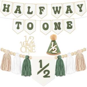 lot 12180 image: 12 Birthday Boy Half Birthday Decorations - White Green Half Way to One Banner Cake Topper Tassel Wood Bead High Chair Banner Hat for Boys 6 Months Birthday Decorations Party Supplies