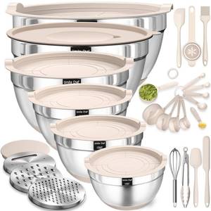 lot 13169 image: Mixing Bowls with Airtight Lids Set, 26PCS Stainless Steel Khaki Bowls with Grater Attachments, Non-Slip Bottoms & Kitchen Gadgets Set, Size 7, 4, 2.5, 2.0,1.5, 1QT, Great for Mixing & Serving