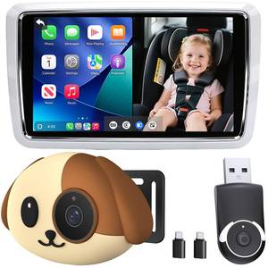 lot 14225 image: Castronix Cabin Care Baby Car Camera with Wireless CarPlay Adapter for iPhone Only, 1080P HD, IR Night Vision, 150° Wide-Angle, Real-Time Rear Seat Monitor, Works with Factory Wired CarPlay (Dog)
