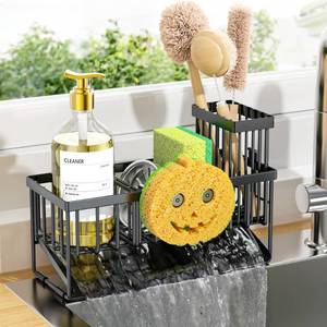 lot 14232 image: Cisily Kitchen Sink Caddy Organzier with High Brush Holder, Sponge Holder for Sink, 304 Rustproof Stainless, Kitchen Countertop Soap Dispenser Organizer (Black With Smiley Face Holder, 9.25��)