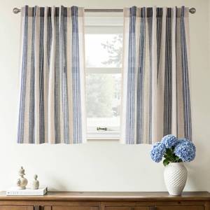 lot 14233 image: DriftAway Farmhouse Curtains for Living Room Vertical Striped Linen Curtains Semi Sheer Light Filtering Back Tab Rod Pocket Window Treatments, 36 Inches Long, 2 Panels, Dark Blue on Beige