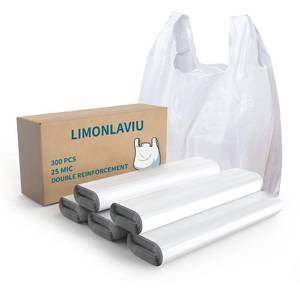 lot 14288 image: LimonLaviu Plastic Bags - 300Pack (25 mic thickness) (11.5x 6.5 x 21) with Handles - Small Business & Grocery Bags in Bulk - Heavy Duty, Unscented