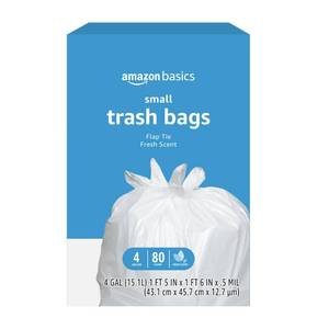 lot 14341 image: Amazon Basics Small 4 Gallon Trash Bags with Flap Ties, Fresh Scent, Odor Control, 0.5 mil Thick, 80 Count