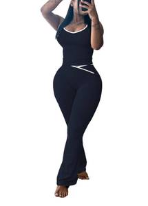 lot 14359 image: HBQ 2 Piece Sets For Women Summer Contrast Binding Backless Crop Tank Top and Flare Pants Lounge Sets Tracksuit-XXL-Dark Blue
