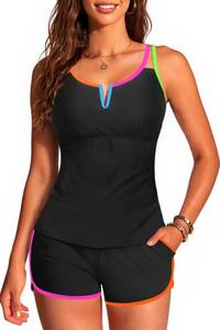 lot 14364 image: Aqua Eve Tankini with Shorts - 2 Piece Tummy Control Swimsuit V-Wire Tank Top with Boyhorts 2025 Ladies Bathing Suit with Side Pockets Colorful Black XX-Large
