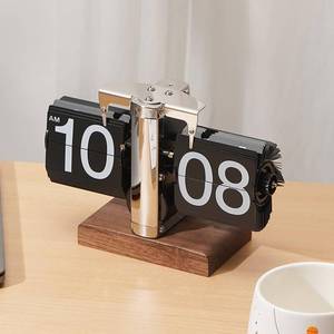 lot 19437 image: VBESTLIFE Retro Digital Flip Down Clock, Battery Powered Internal Gear Operated Clock, Classic Mechanical, Black Walnut Base, for Home & Office Decor (Silver)