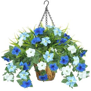 lot 19438 image: unlemoni Artificial Flowers Hanging Baskets for Outdoors, 5PCS UV Resistant Faux Outdoor Plants, Fake Petunias Silk Flowers for Garden Balcony Yard Porch Decor (White Blue)
