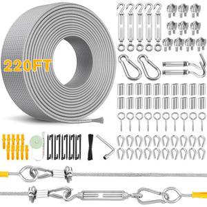lot 19445 image: 220FT 18 Wire Rope Kit - 304 Stainless Steel Cable with Turnbuckles for Cables Wire, Vinyl Coated Hanging Wire for Outdoor String Lights, Camping, Garden Trellis, Hanging Clothes, Pictures, Curtain (Used)