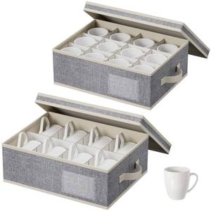 lot 19447 image: Lifewit 2 Pcs Coffee Mug Storage Box with Dividers, Stackable Cationic Hard Shell Stemware Containers with 24 Cells, Foldable Dustproof China Containers for Moving, Light Grey, 39 x33x14cm