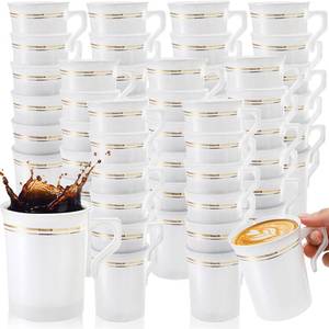 lot 19449 image: YIMITEE 48 Pack Disposable Coffee Mugs with Handle, 8 OZ Heavyweight Gold Rimmed Tea Cups, Plastic Hot Cold Beverage Drinkware for Weddings Cafe Bridal Shower Engagement Party Camping Travel, White