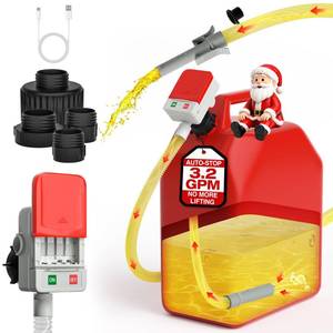 lot 19453 image: Keimi Portable Fuel Transfer Pump with Auto-Stop, 3.2 Gallon per Min, 51 Extra Long Hose, Battery & USB Powered, 4 Can Adapters, Leak-proof Gas Pump for Oil, Diesel and Gasoline