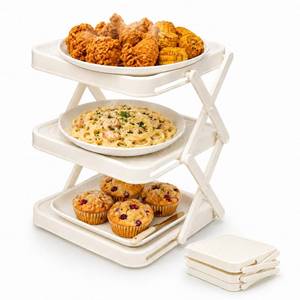 lot 19481 image: Lymocsu 3-Tier Foldable Food Prep Rack, Kitchen Countertop Organizer for Plates, ABS Plastic Foldable Storage Shelf, Space Saving Cooking Stand for Meal Prep
