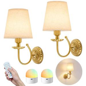 lot 19483 image: Wireless Wall Sconces Set of Two 14H, 5300mAh Battery Operated Wall Sconce, Rechargeable Bulbs with Remote, 15 Colors Dimmable Wall Sconces with Fabric Shade for Bedroom Living Room(Brushed Gold)