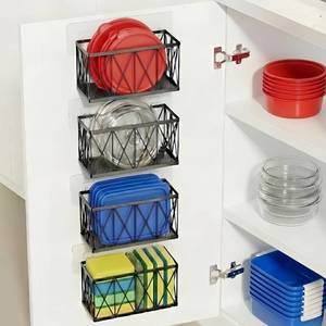 lot 19495 image: MIXISAV 4 Pack Cabinet Door Organizer, Adhesive Inside Cabinet Door Storage for Kitchen Bathroom, Lid Organizer Compatible with Tupperware Pyrex, Wall Mounted Basket for Pantry Under Sink, Black