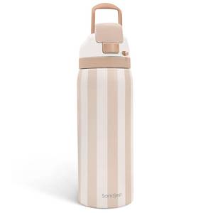 lot 19509 image: Stripe Insulated Stainless Steel Water Bottle with Straw for Sports and Travel, 32oz, Gifts for Women Girls Friends Teens Birthday Christmas (Brown)