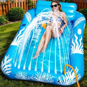 lot 19513 image: Inflatable Tanning Pool Lounger Float with Sprinkler-6 in 1 Suntan Tub Raft Floatie with Drink Holder Sunbathing Water Lounge-Tanning Bed Mat Pad for Adult Blow Up Kiddie Pool Kids Ball Pit Pool (L)