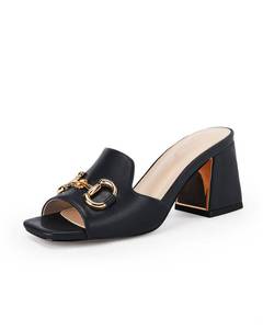 lot 19518 image: gihubafuil Womens Sandals Peep Toe Slides Chunky Heel Mules Single Band Comfort Slip-on Shoes with Metal Chain for Spring Summer Black (Size 7) (Slightly Worn)