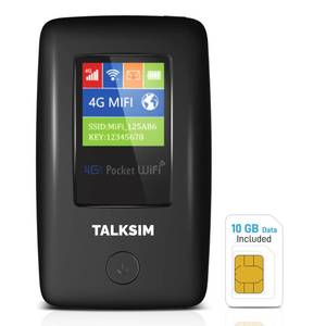 lot 20072 image: TALKSIM 4G Mobile Hotspot with US 10GB & Global 1GB Data, Portable WiFi Hotspot for Travel in 140 Countries, Long-Lasting 6000mAh Battery, 10 Connected Devices, No SIM Required, No Contract