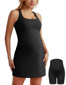 lot 20087 image: Maacie Maternity Tennis Dress with Shorts & Built in Bra Scoop Neck Sleeveless A-line Workout Golf Dress with Pocket Black M
