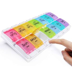 lot 20112 image: MOLN HYMY Large Pill Organizer 2 Times a Day, AM PM Pill Box 7 Day, 14 Dividers 2 Week Medicine Pill Organizer with Easy Push Button for Medication, Vitamins, Fish Oils, Supplements