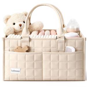 lot 20124 image: Lullawee Baby Diaper Caddy Organizer, Portable Nursery Storage Basket with Handle for Newborn Boy or Girl, Gift for Baby Shower Essentials, Registry Must Have Bag, Caddie Car Organizer, Beige