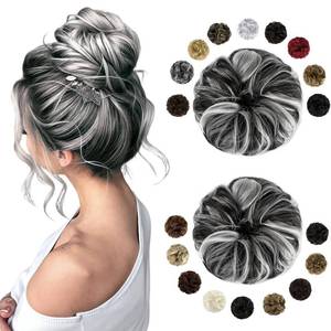 lot 20143 image: FELENDY 2PCS Messy Bun Hair Piece Large Wavy Curly Elastic Hair Bun Scrunchies Fluffy Thick Donut Chignon Hairpieces Updo Extensions Natural Black Mix Silver Grey