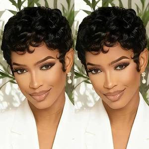 lot 20144 image: VRZ Pixie Cut Wigs Human Hair Glueless Wear and Go Pixie Cut Curly Style with Bangs for Black Women Short Layered Human Hair Wigs 1B Natural Looking for Daily Wear