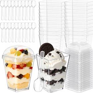 lot 1009 image: 50 Pack 5oz Plastic Dessert Cups with Lids and Spoons, Mini Clear Yogurt Parfait Cups with Lids, Small Dessert Shooter Cups, Square Appetizer Cups for Party Fruit Pudding Trifle Ice Cream Tasting