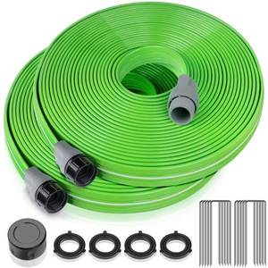 lot 1010 image: LAVEVE Heavy Duty Sprinkler Soaker Hose 100 FT, Flat Garden Hose with Holes, Efficient Flexible Irrigation Hose for Yard, Lawn and Garden, Includes Stakes (50FT x 2Pack)