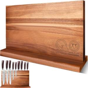lot 1014 image: XYJ Extra Large Magnetic Knife Block Acacia Wood Knife Set Holder Stand With Stronge Magnetic Strip Kitchen Knives Storage Rack Organizer Tools No Drilling