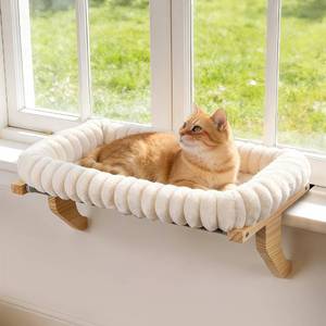 lot 1016 image: Zoratoo Cloud-Cuddle Cat Perch for Window Sill with Bolster, Natural Wood & Metal Frame Cat Window Seat for Large Cats, Easy to Adjust Zipper Cushion Pet Bed for Windowsill (Medium)
