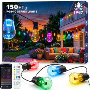 lot 1022 image: Beizelte Outdoor String Lights, 150FT RGBIC Outside Light Dimmable Shatterproof LED Bulbs, IP67 Waterproof Chasing Effect Lighting DreamColor Patio Strip Lights for Backyard, Balcony, Outdoor Living