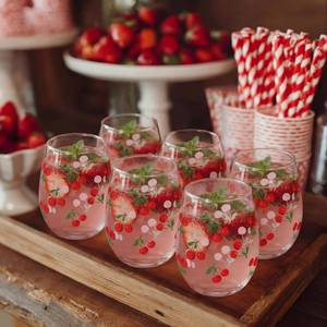 lot 1058 image: Maxcheck 6 Pcs Cherry Wine Glass Set 18 oz Summer Stemless Glasses with Red Cherry Designs for Summer Wedding Birthday Present Holiday Party Gift
